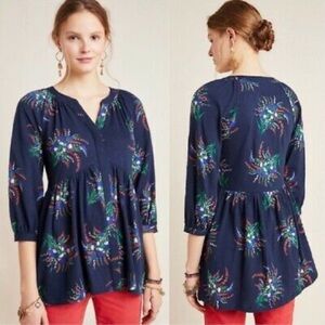 ANTHROPOLOGIE Maeve Winona Babydoll Tunic Navy Floral Print Blouse Size Small
